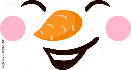 Snowman face smiling with carrot nose and rosy cheeks