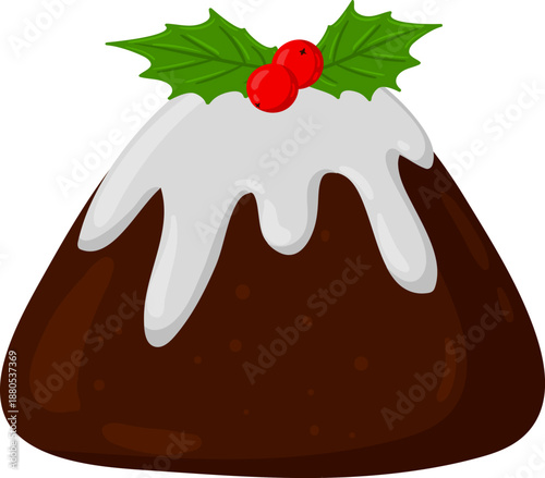 Christmas pudding decorating with holly leaves and red berries