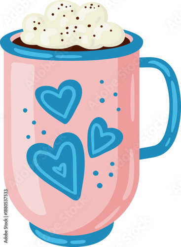 Pink mug with hot drink, whipped cream, hearts