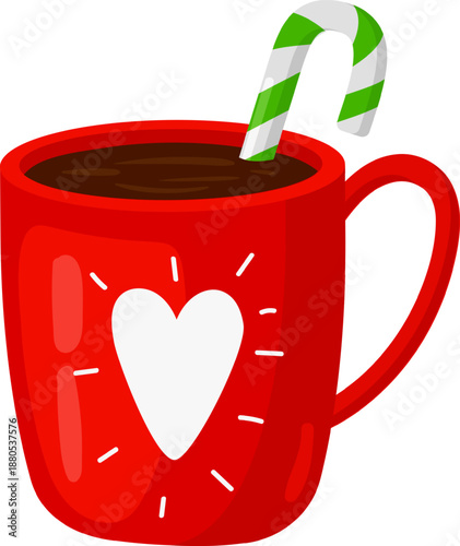 Red heart mug holding hot chocolate and candy cane