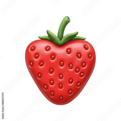 A vibrant red strawberry with a green stem and visible seeds, depicted in a stylized, heart-like shape.