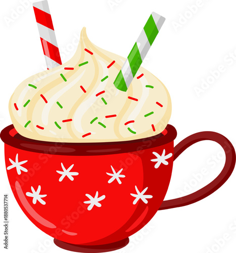 Festive hot chocolate mug with whipped cream and sprinkles