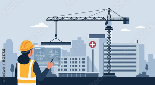 Construction worker operating crane in cityscape