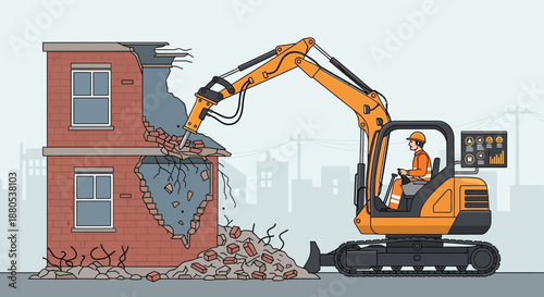 Demolition site with excavator tearing down brick building