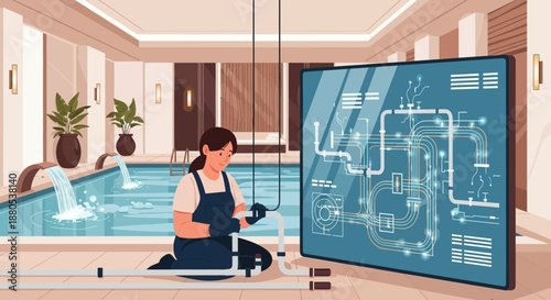 Female technician repairing indoor swimming pool equipment
