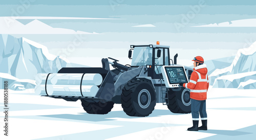 Heavy Industry Worker Operating Snowplow in Winter Landscape