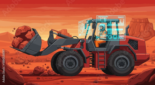 Heavy machinery on construction site with futuristic transparent cab