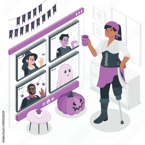 A graphic designer with a prosthetic leg working on a computer with Halloween-themed illustrations on the screen