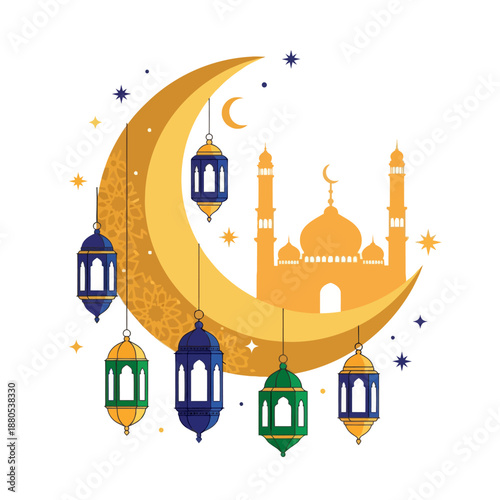 Ramadan Kareem concept with crescent moon, Islamic mosque silhouette, and hanging lanterns, festive night sky