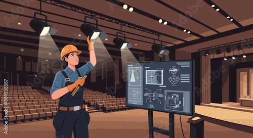 Technician adjusting lighting in a large auditorium