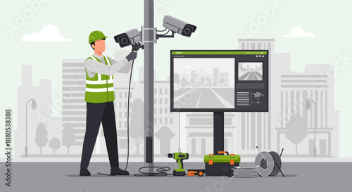 Technician installing security cameras on urban pole