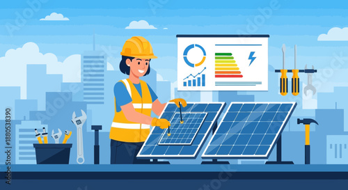 Technician installing solar panels on a rooftop