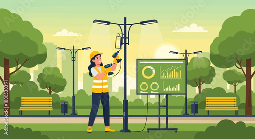 Technician installing smart city infrastructure outdoors
