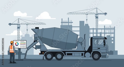 Construction Site with Cement Mixer Truck and Worker
