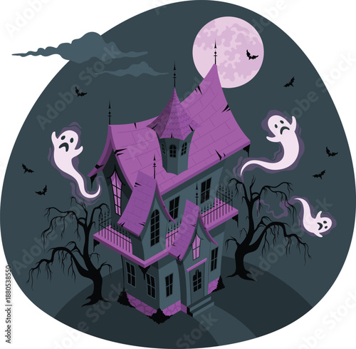 Spooky mansion surrounded by ghosts under the full moon at night