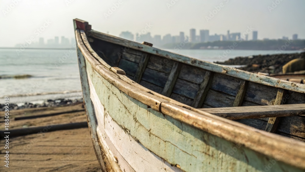 Fototapeta Weathered boat rests on sandy shore of Indian coastal city, with skyline in background showcasing urban life and tranquility
