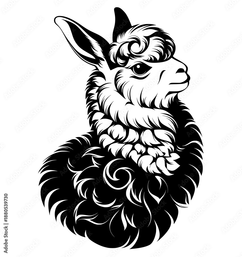 Fototapeta premium stylized black white llama illustration with decorative fur and elegant pose, isolated on white background, ornamental animal art concept.