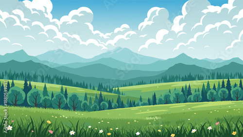 Vibrant vector illustration of a lush green meadow and rolling hills under a cloudy blue sky, a beautiful landscape scene