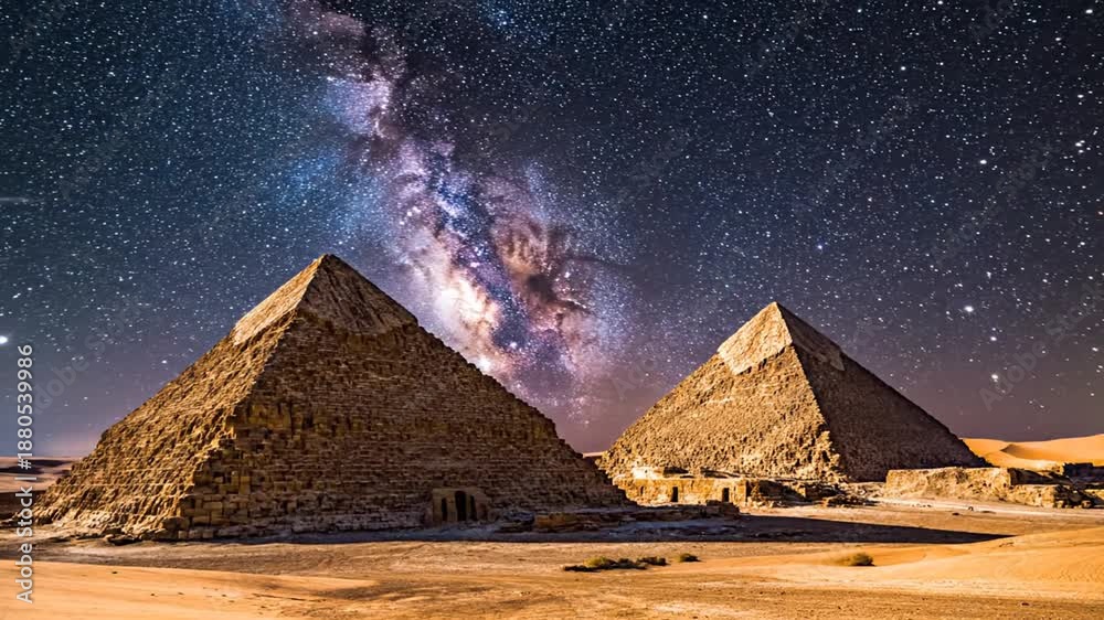 Ancient Egyptian pyramids under starry night sky with Milky Way in ...