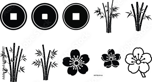 Black and white japanese style of circles bamboo and flowers squares