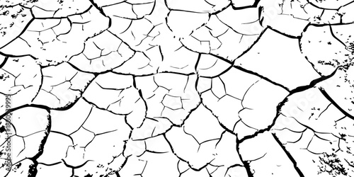 High-resolution black and white cracked earth texture showing dry soil surface with natural fractures. Abstract grunge background ideal for climate change, drought, desert themes and design overlays.