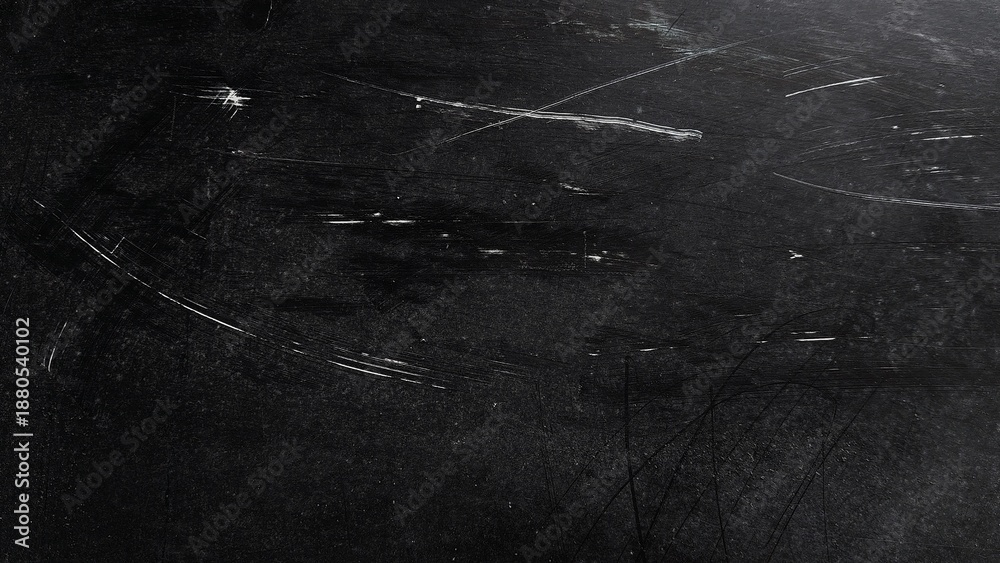 Fototapeta premium Black abstract grunge texture with dirty dust and noise effect. Rough dark background with scratches and aged overlay. White scratches and dust particles scattered on black surface.