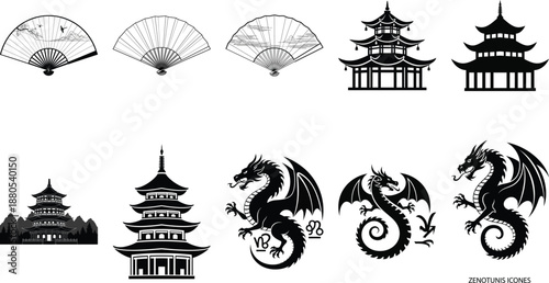 Black and white of fans pagodas and dragons