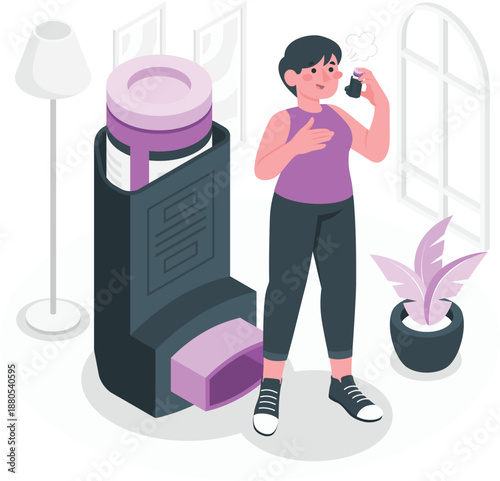 A woman talking on phone near vending machine in a brightly lit room with a plant beside her