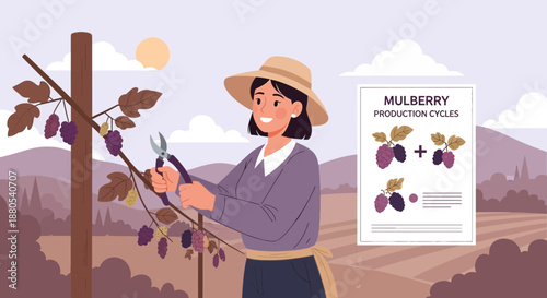 Woman pruning mulberry tree branches.