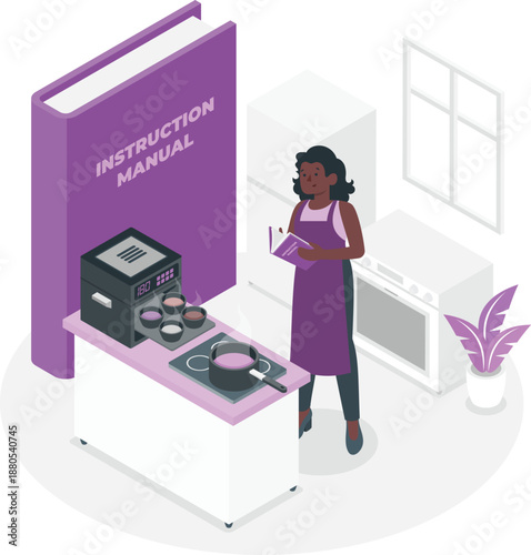 Woman reading instruction manual while cooking in a modern kitchen with cooking appliances and utensils from an isometric viewpoint