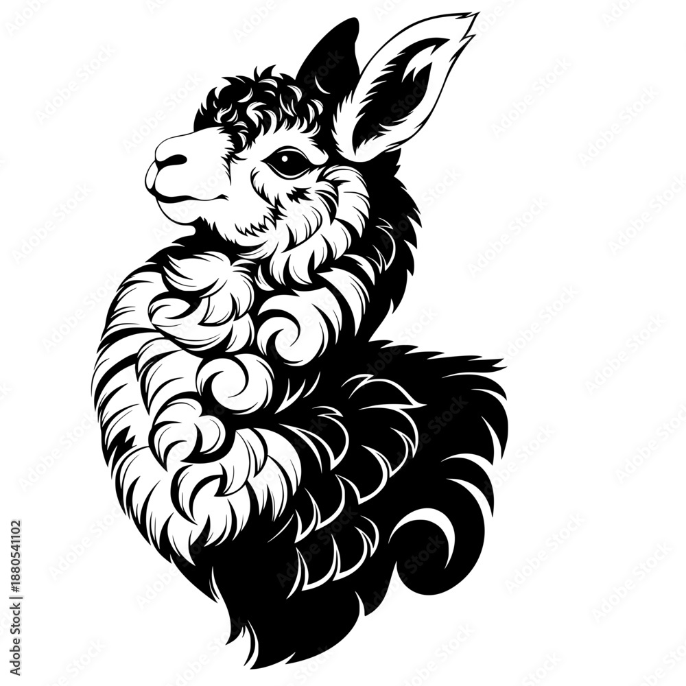 Fototapeta premium stylized black white llama illustration with decorative fur and elegant pose, isolated on white background, ornamental animal art concept.