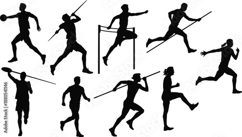 athletes, sports, silhouette, running, jumping, javelin, hurdle, training, track, field, fitness, competition, active, people, black, shadow, isolated, set, exercise, movement
