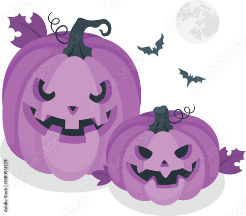 Two purple pumpkins with carved faces, one large and one small, surrounded by bats and a full moon in the night sky
