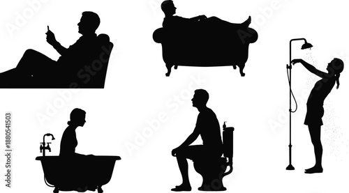 Bathroom activity silhouettes, people bathing, showering, relaxing, sitting on toilet and sofa, daily hygiene routine, lifestyle vector illustration