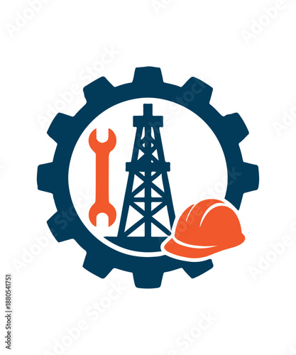 Industrial gear icon with wrench, oil derrick, and safety helmet for engineering and energy sectors vector illustration