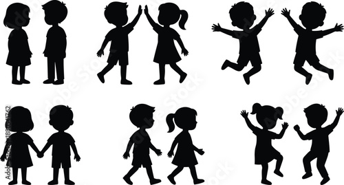 children, silhouette, kids, friendship, playing, jumping, walking, highfive, boy, girl, happy, childhood, people, black, shadow, isolated, set, fun, together, activity