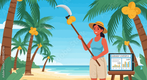 Woman holding scythe on beach vacation.