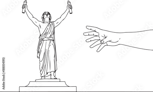 Statue of man with arms raised on pedestal