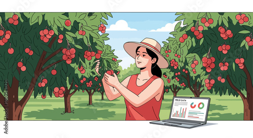 Woman picking apples in orchard.