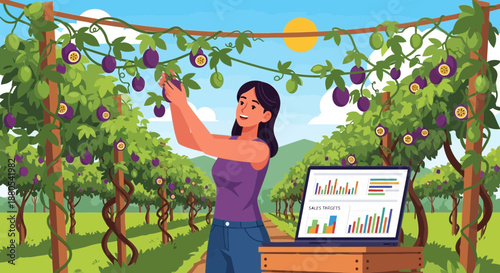Woman picking grapes in vineyard.