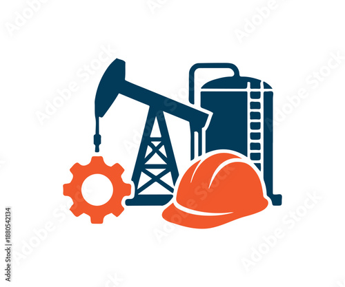 Oil industry equipment icon pumpjack, gear, helmet and film reel for energy, engineering and manufacturing themes