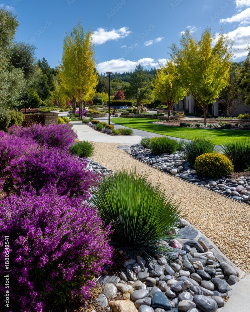 Obraz premium Vibrant garden pathway with blooming flowers and neatly arranged rocks near a tranquil landscape