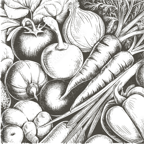 Detailed monochrome pencil of various vegetables including onions and carrots