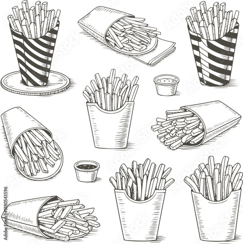 Hand Drawn Black and of French Fries in Various Containers