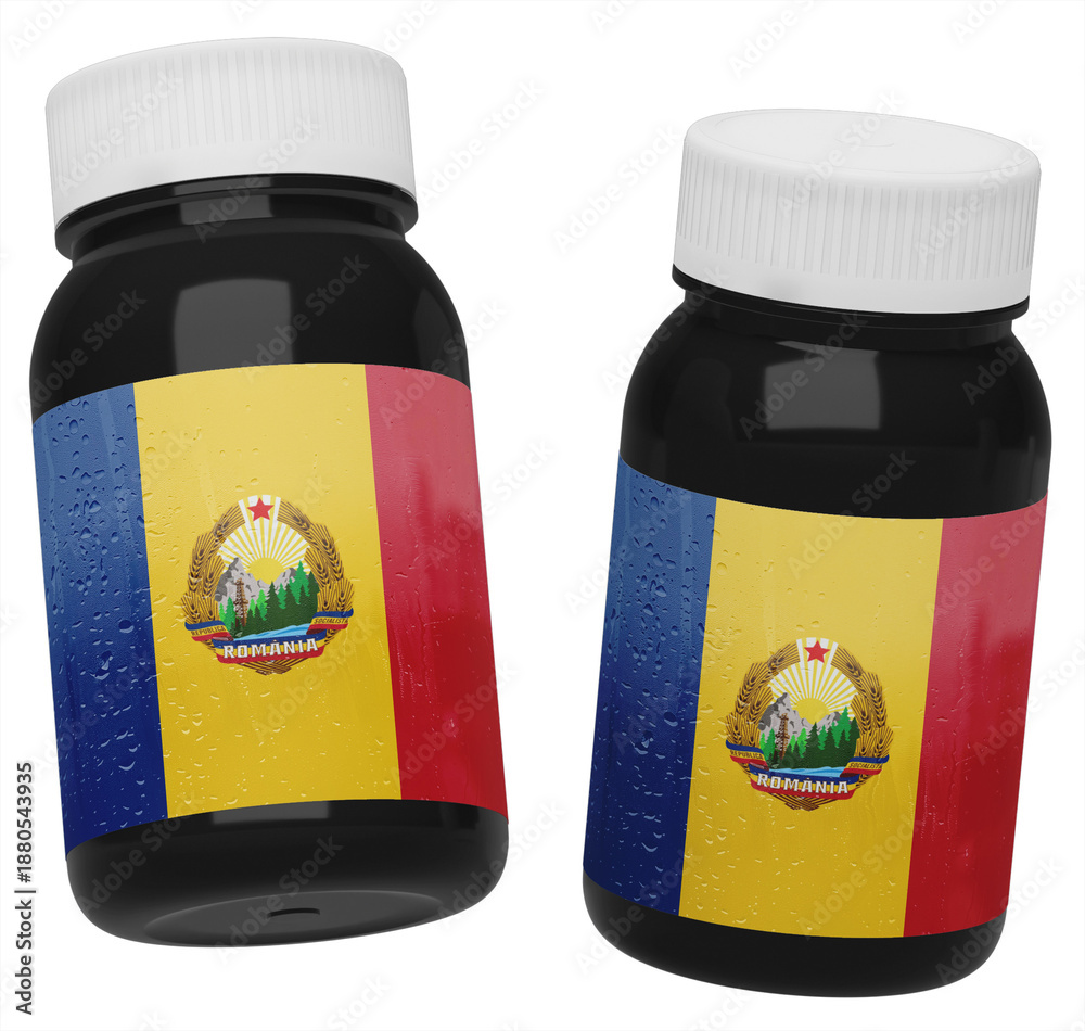 Obraz premium Two Dark Supplement Bottles Adorned with Historical Socialist Republic of Romania Flag Labels and Water Droplets