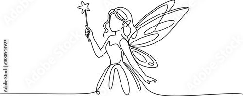 Continuous single line drawing of fairy girl with wings and magic wand, minimalist costume illustration vector