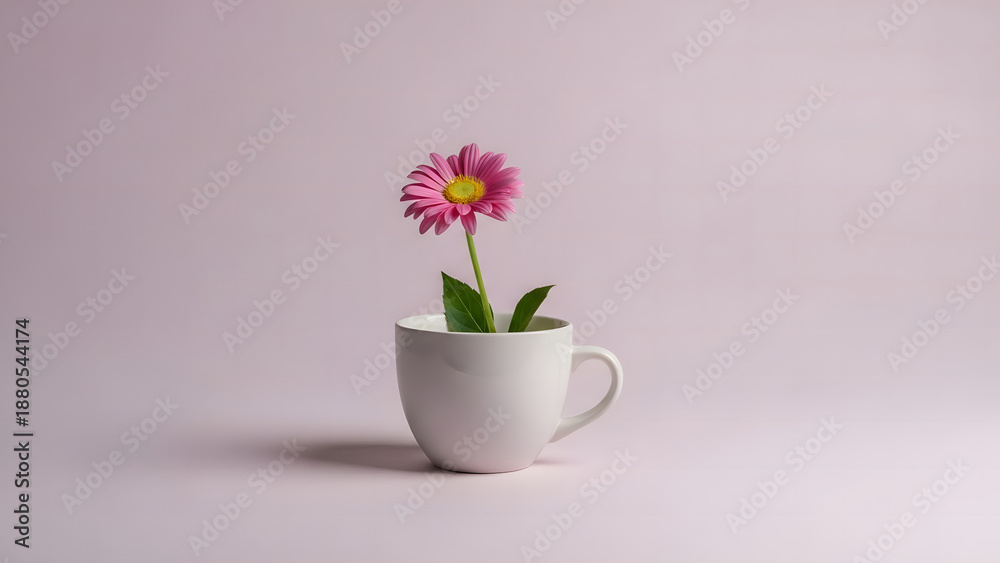 Fototapeta premium Pink gerbera daisy with fresh flower in white cup on light background