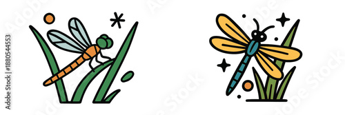 Colorful dragonflies resting on grass in a vector design