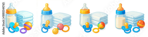 Baby essentials: bottles, toys, and diapers in vector design