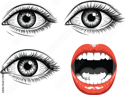 Black and white illustration of human eye with halftone shading in vintage comic style